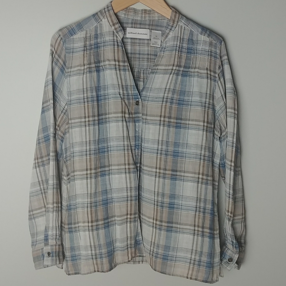 Alfred Dunner Plaid V-Neck Top With Pleats On Back